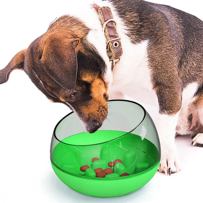 Plastic slow food bowl for pets, 19 x 19 x 14 cm, shown in blue, green, and yellow options