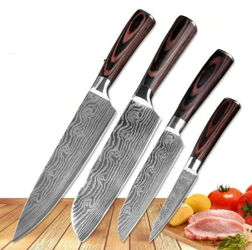 Premium chef knife set with high-performance stainless steel blades, featuring a striking Damascus pattern and ergonomic color-coated handles