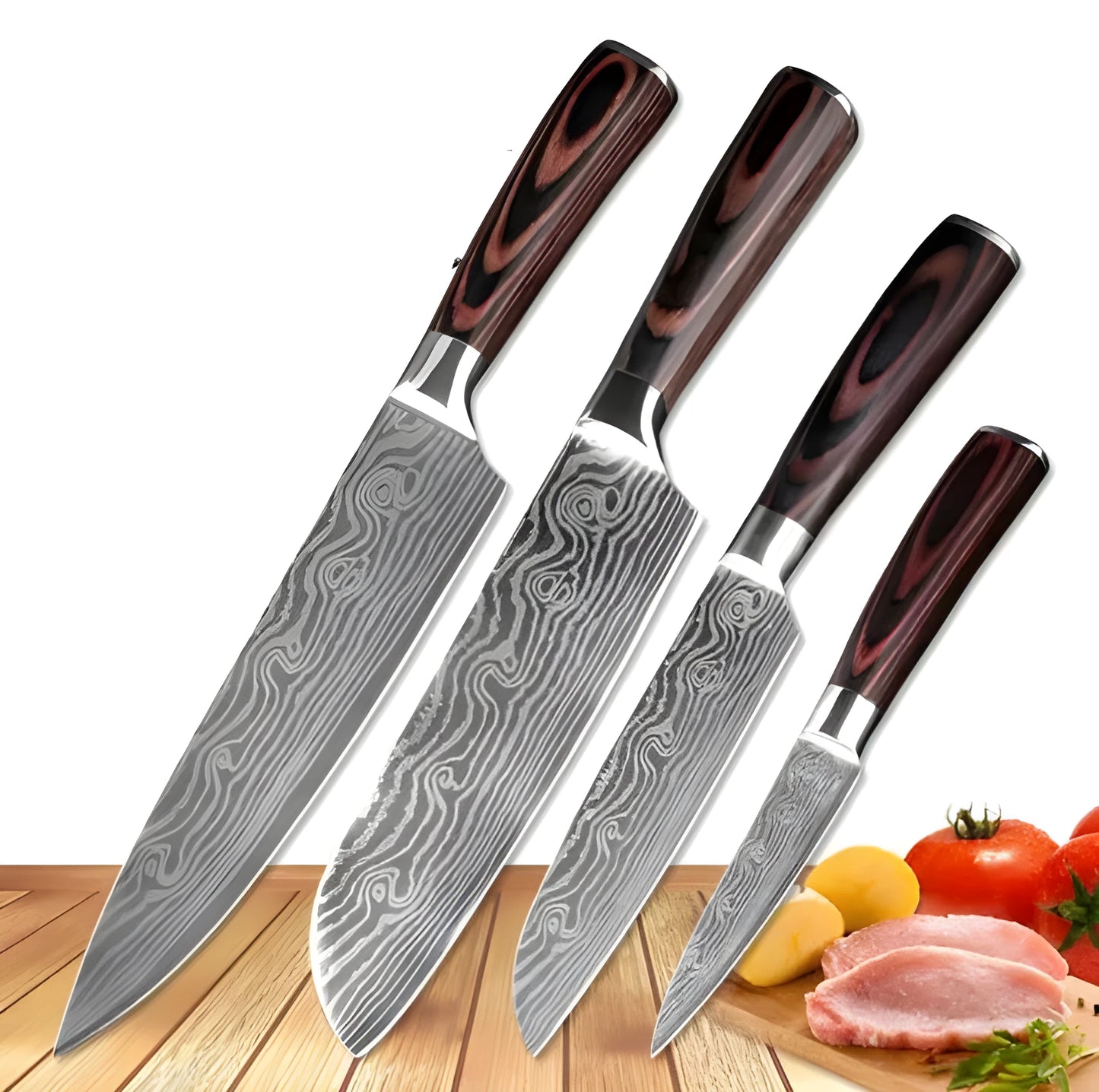 Professional chef knife with laser-etched Damascus pattern on 7Cr17 steel blade and coloured wood handle.