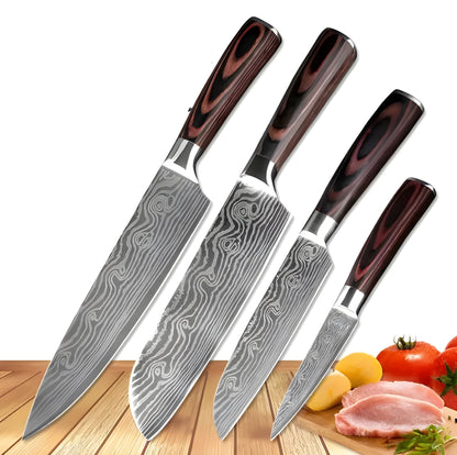 7-inch chef knife with laser Damascus pattern on blade and coloured steel handle on a cutting board.
