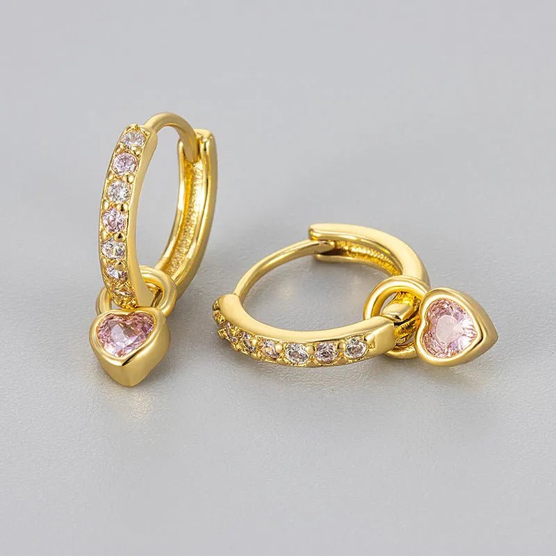 Women's fashion earrings with heart-shaped eardrops, diamond-treated gemstones in gold or white gold plating, approximately 2.5 cm long