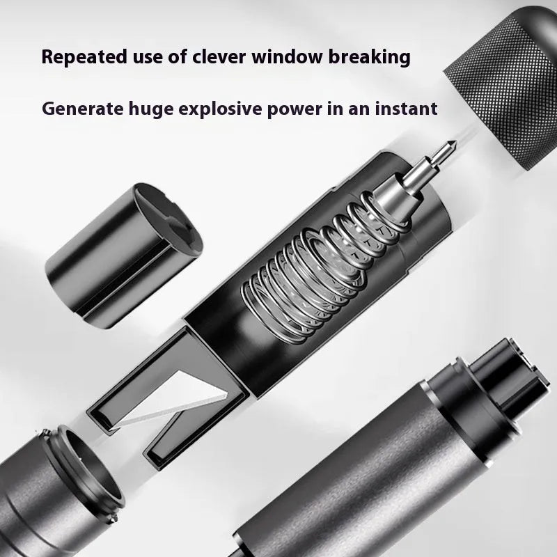 Gun grey aluminium car safety hammer with seatbelt cutter on a 3M rubber base next to a test glass.