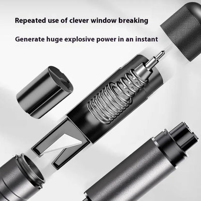 Gun grey aluminium car safety hammer with seatbelt cutter on a 3M rubber base next to a test glass.
