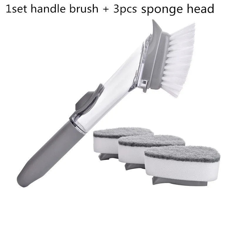 Long-handled 2-in-1 kitchen cleaning brush with removable brush head and integrated sponge