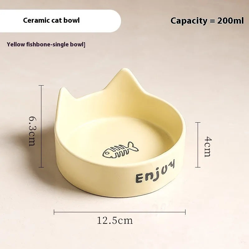 Porcelain cat bowl with cat ear design in 2-in-1 configuration for food and water