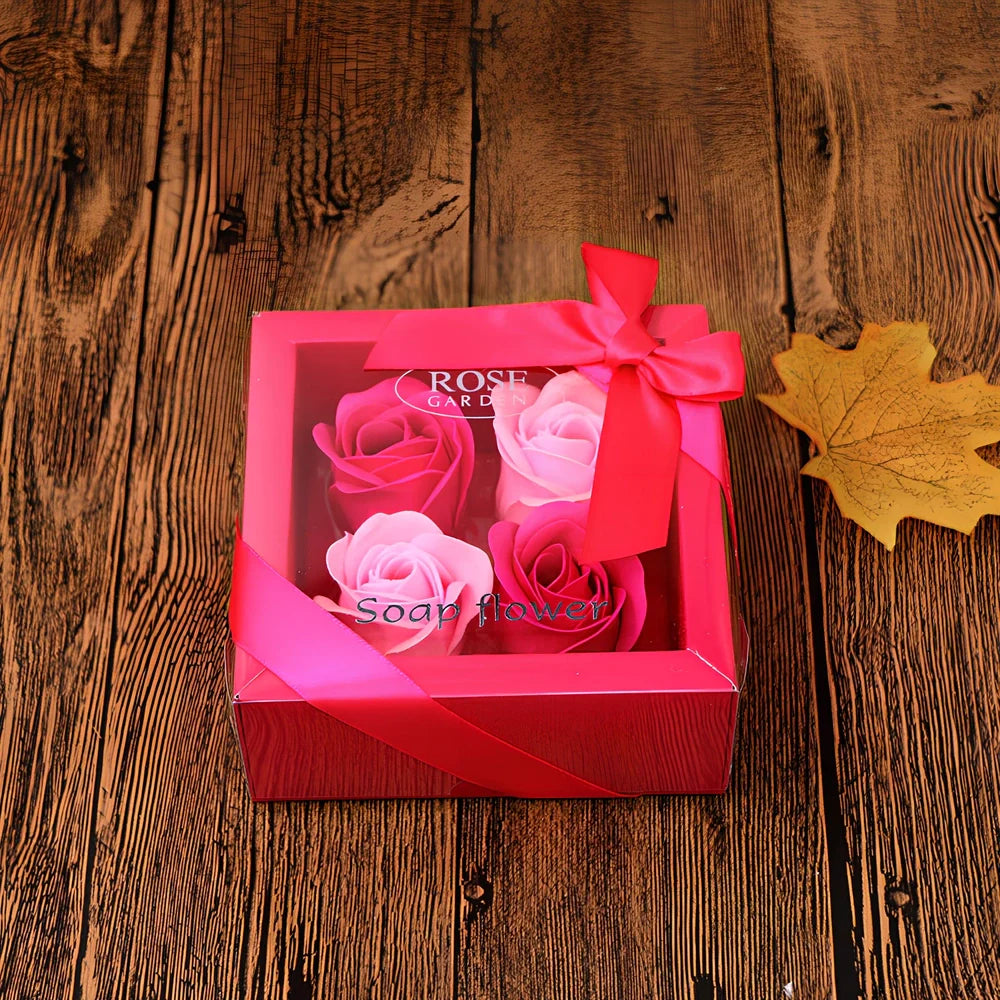Handmade soap flowers in red heart-shaped tin box measuring 12x12x5cm