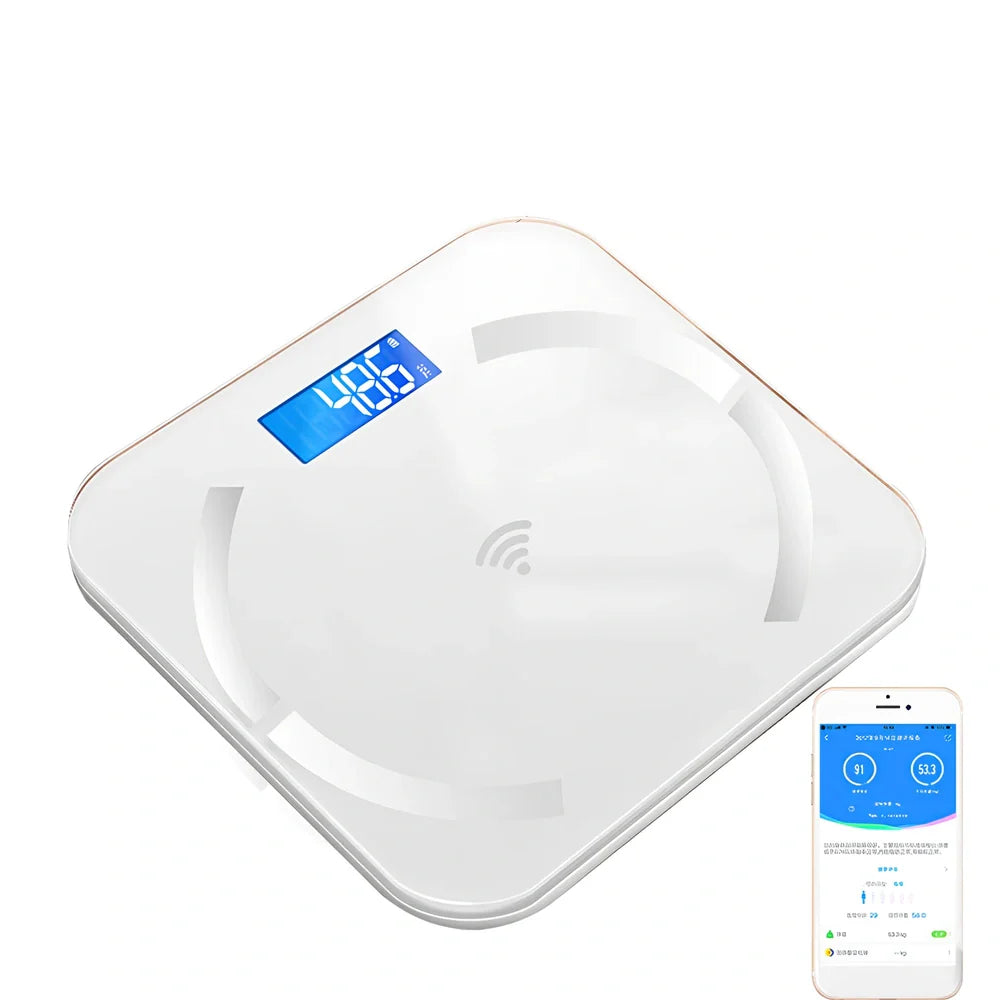 Youmei digital weight scale with 6mm tempered glass surface and blue backlit LCD display
