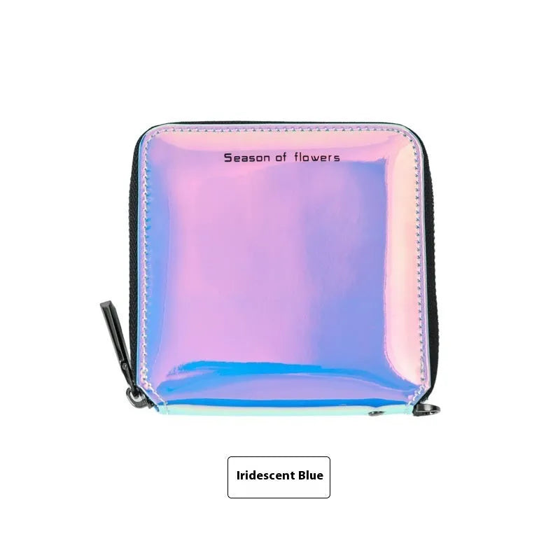 Short folding Korean-style women's wallet in PU leather showing three colour options: crystal blue, magic nail glitter, symphony green