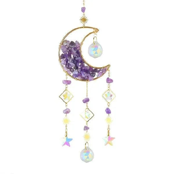 Moon-shaped K9 crystal car pendant with 420mm metal chain and 100mm diameter reflective centre in blue, green, pink, purple, or white