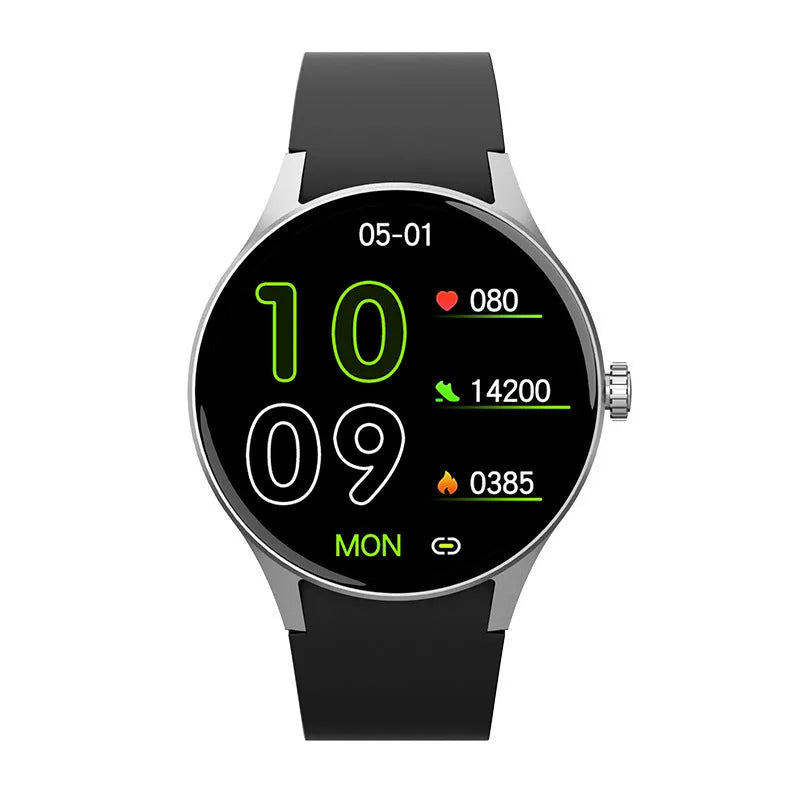 Smart watch with blood sugar and heart rate monitoring on wrist showing AMOLED display