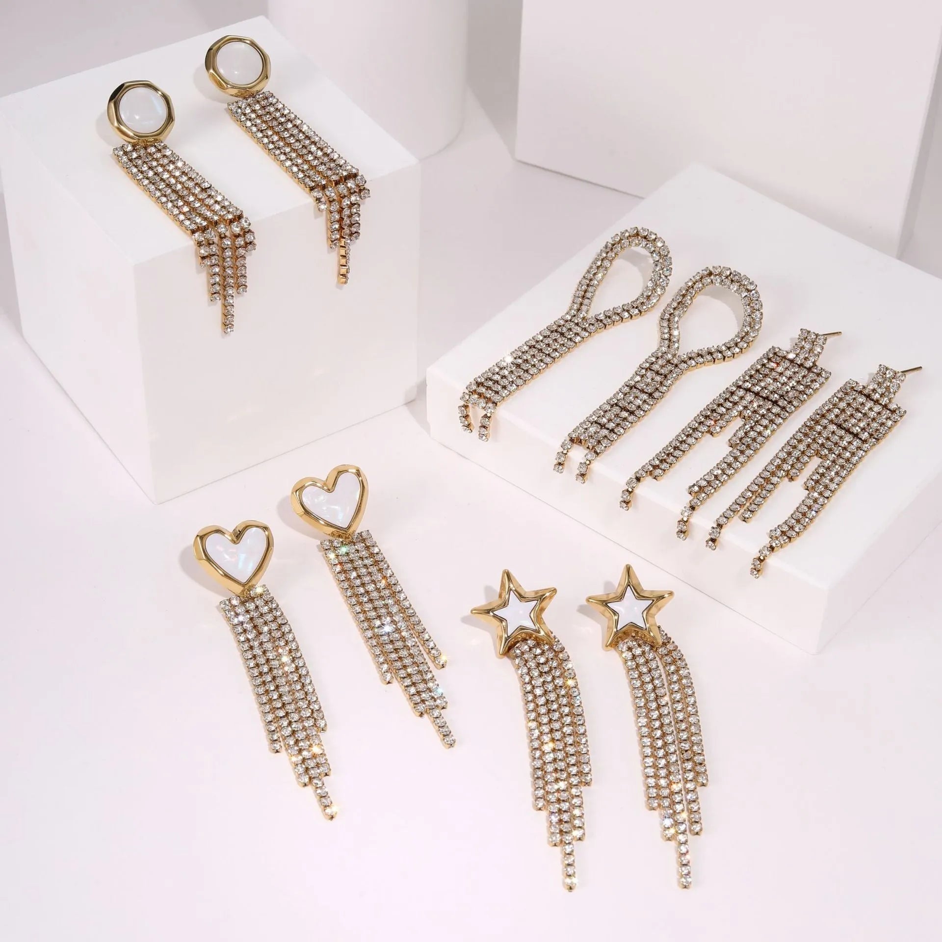 Stainless steel diamond tassel earrings with heart and star shapes in 18K gold electroplated finish