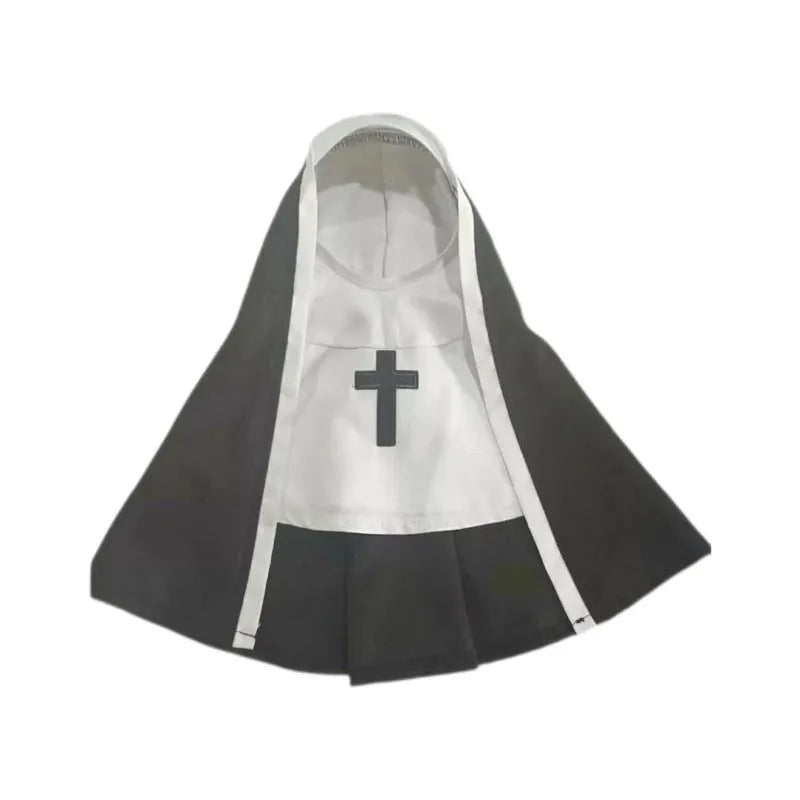 Black and white nun costume cloak for a small dog on a Halloween backdrop.