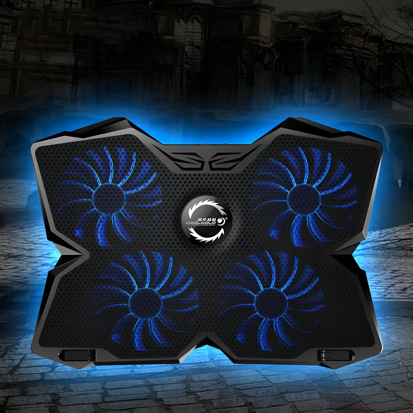 Blue computer cooling base with four illuminated fans, USB ports and speed control switches