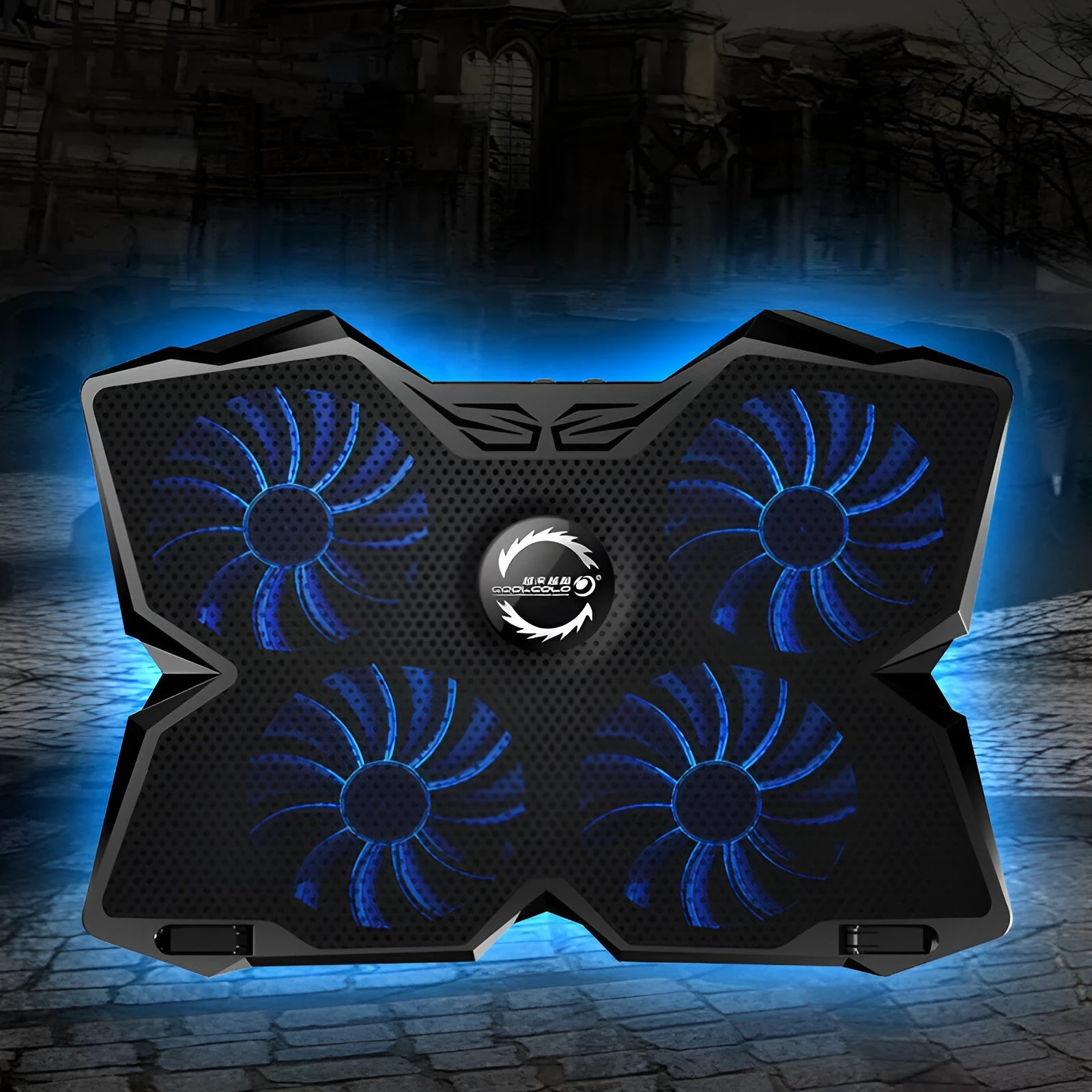 Blue computer cooling base with four illuminated fans, USB ports and speed control switches