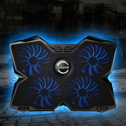 Blue computer cooling base with four illuminated fans, USB ports and speed control switches