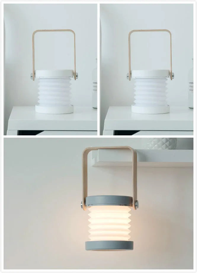 Foldable touch dimmable LED night light showing table lamp and lantern configurations