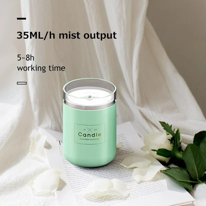 Compact USB-powered mist humidifier with mood light, available in fresh green, rose powder, and black colors