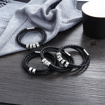 A personalized leather bracelet with engraved beads, a thoughtful gift for men
