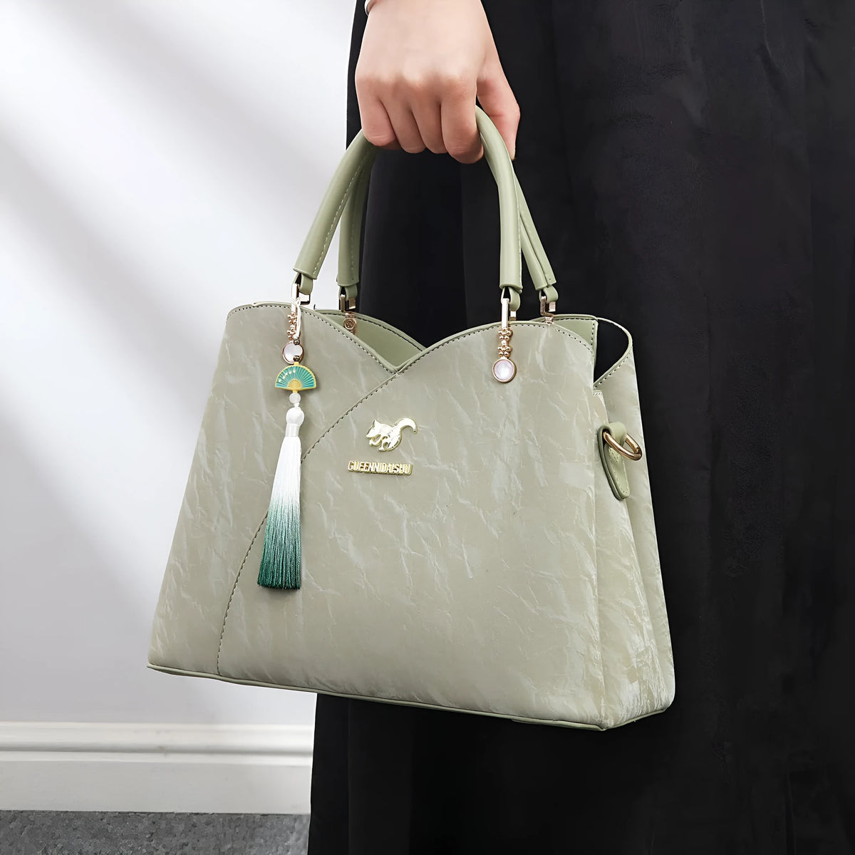 Women's soft PU messenger bag with sewing thread detail, horizontal square shoulder bag in beige, black, green, or red