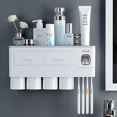 Non-marking hanging magnetic toothbrush holder with toothpaste squeezer and quick-drying cups