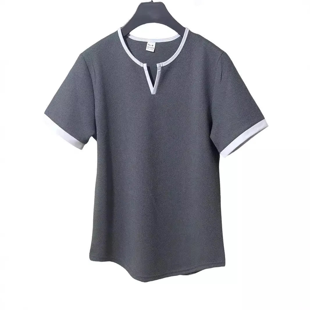 V-neck colour-block waffle texture outdoor sports T-shirt in polyester fabric on a neutral background.