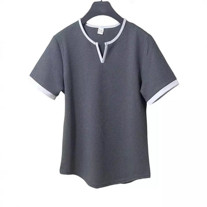 V-neck colour-block waffle texture outdoor sports T-shirt in polyester fabric on a neutral background.