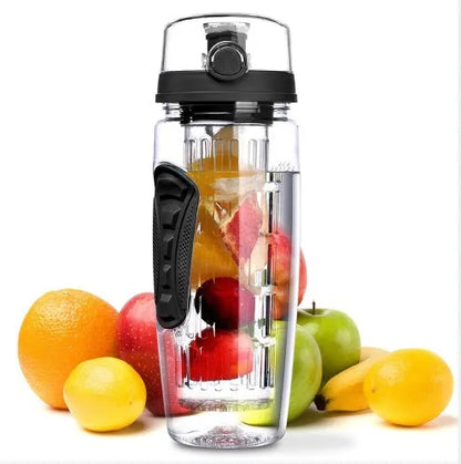Black fruit infuser shaker bottle with removable transparent fruit holder, 900ml capacity.