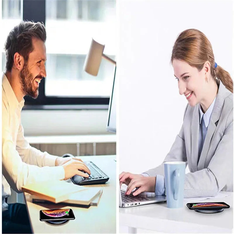 Black wireless charging pad with LED indicator light, measuring 10.1 by 7 centimetres