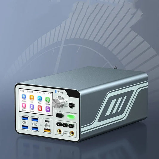 320W intelligent regulated power supply with 3.0-inch IPS display, alligator clips, and boot lines for electronic testing