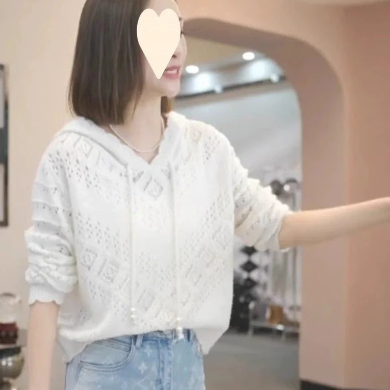 Women's white crochet hollow hooded longsuit undershirt with regular long sleeves and loose fit