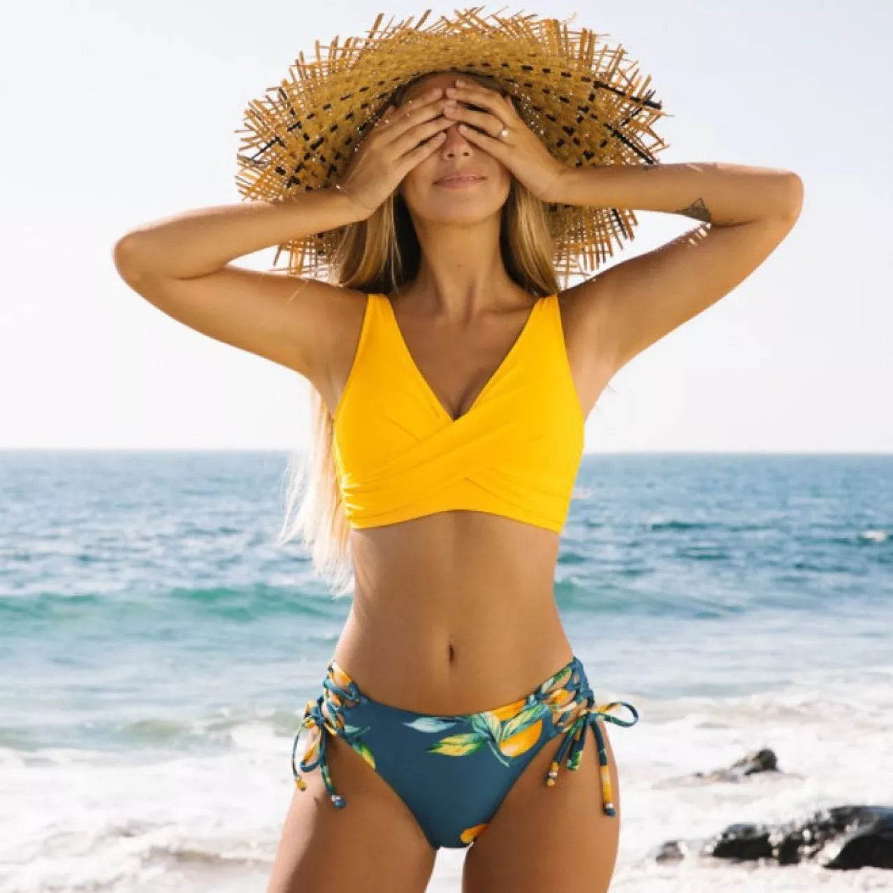 Yellow bikini swimsuit for women with high elasticity and cotton blend lining