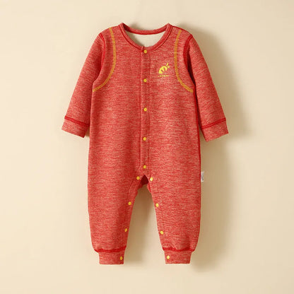 Baby plus velvet warm jumpsuit in polyester, long sleeve, single-breasted, available in six colours and five heights.
