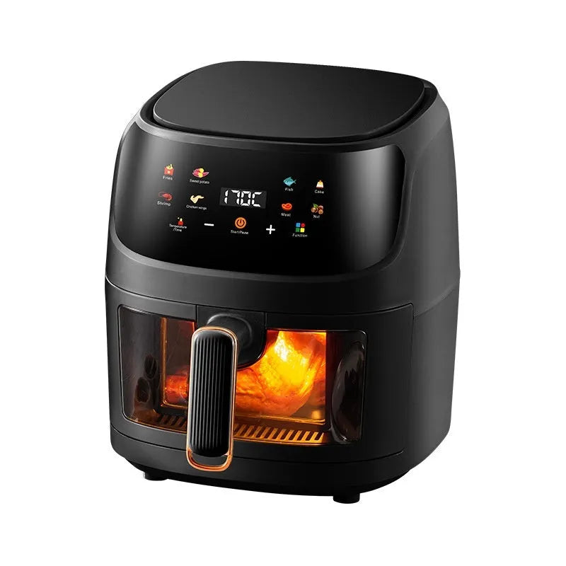 Black 8L air fryer with visual touch screen and 1400W power, product size 320x270x272mm