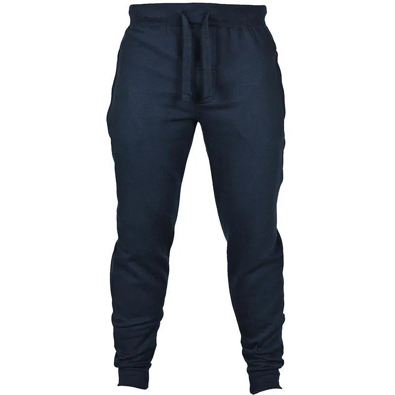 Men's casual cotton fleece drawstring trousers in a solid colour, loose-fit full-length style with a mid-rise waist, available in sizes S-XXL (waist 28-38 inches) and colours black, dark grey, light grey, navy