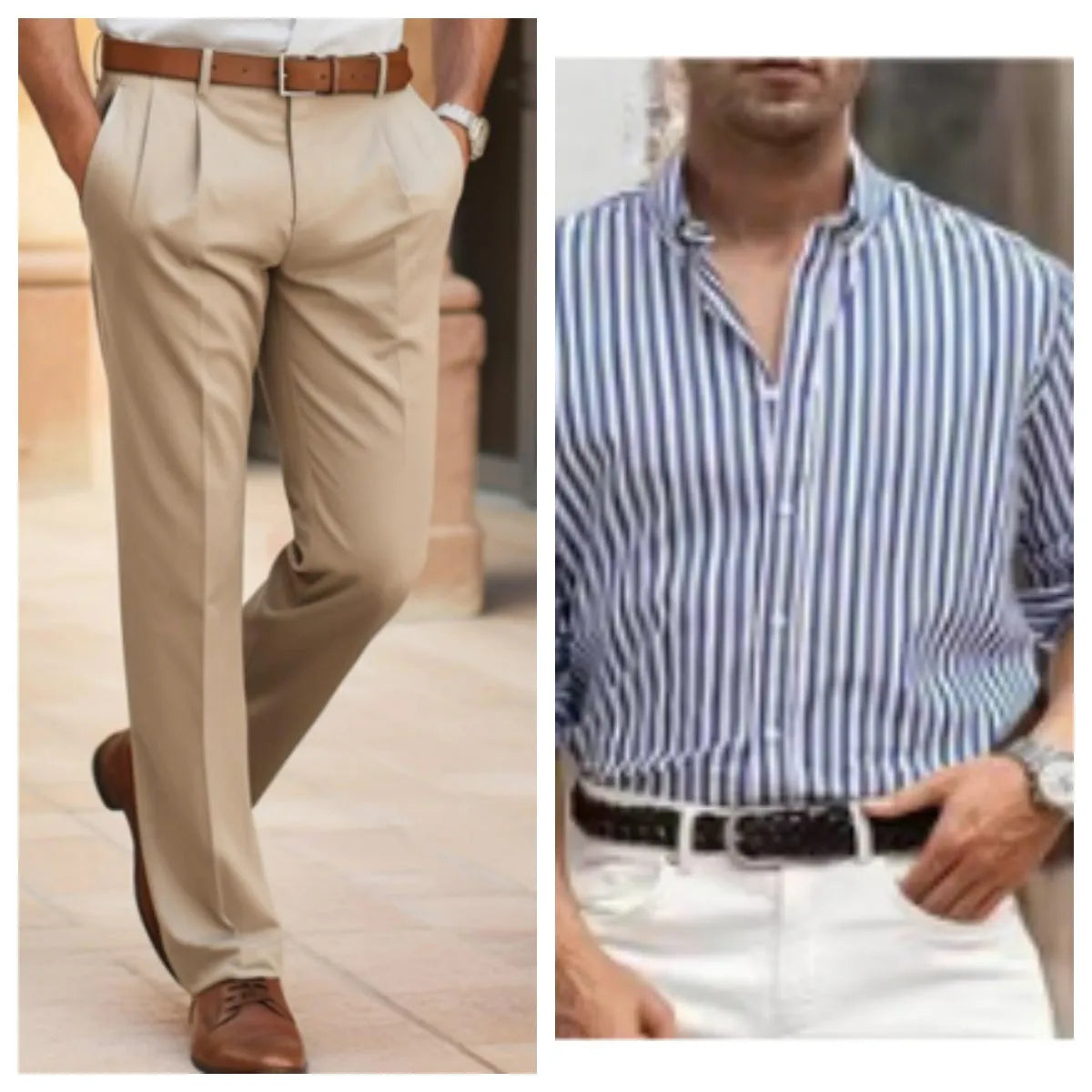 Man modelling a khaki and white striped loose-fit long sleeve casual button shirt.
