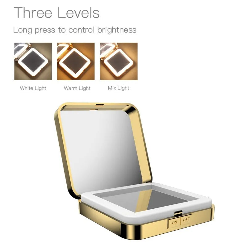 Black or white LED makeup mirror with magnification and standard mirrors, showing three lighting mode buttons.