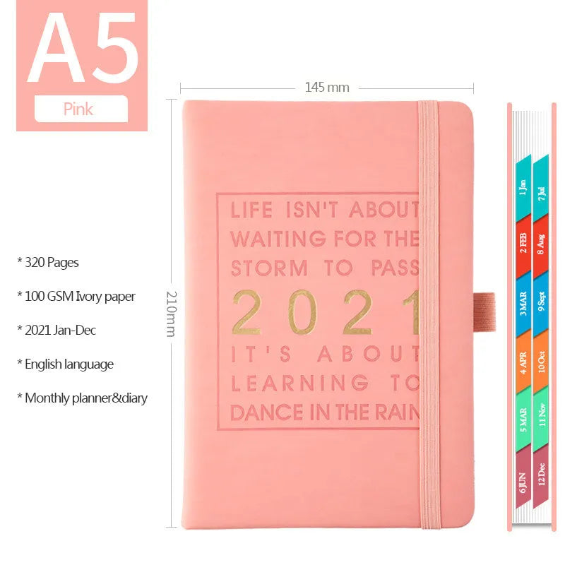 Daily planning clocking table calendar with imitation leather cover in blue, pink, red, yellow, or light blue.