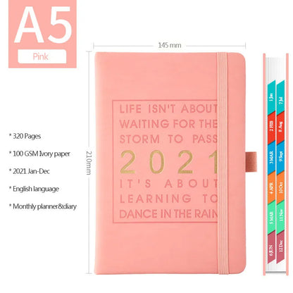 Daily planning clocking table calendar with imitation leather cover in blue, pink, red, yellow, or light blue.