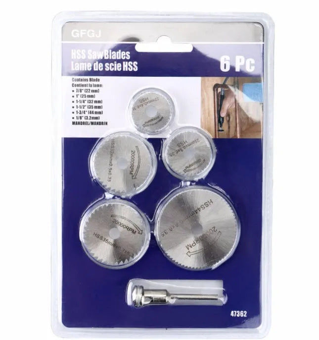 Six circular saw blades and a mandrel on a white background