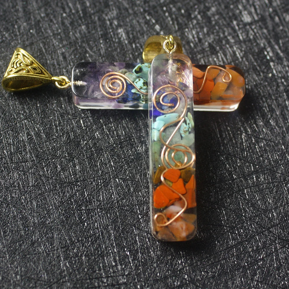 Handcrafted natural crystal seven chakra pendant with unique geometric design
