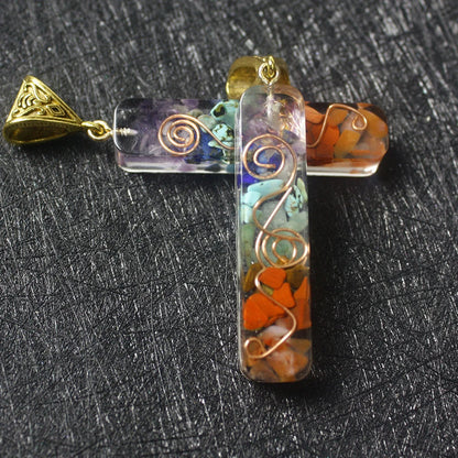 Handcrafted natural crystal seven chakra pendant with unique geometric design