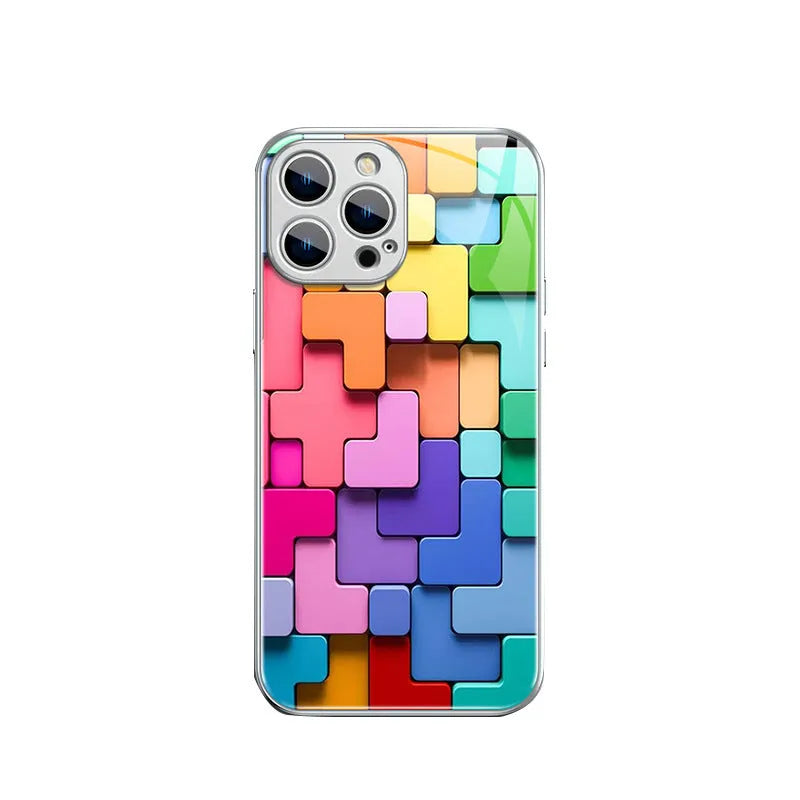 Silicone iPhone case with a colourful cartoon geometric block pattern on the back.