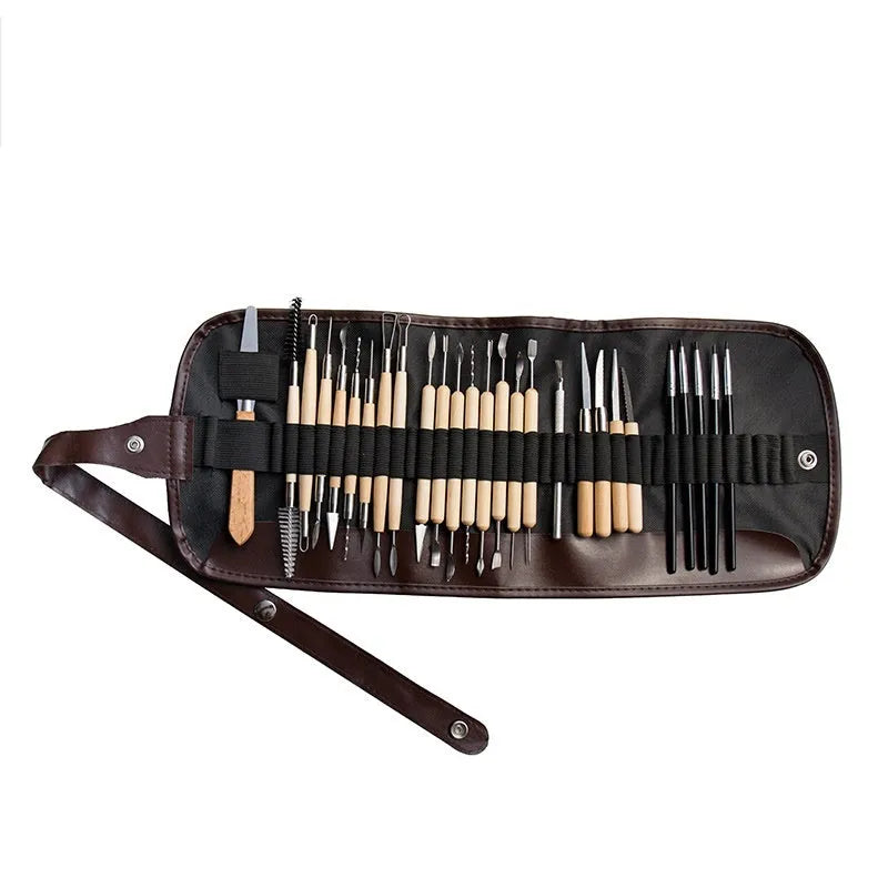 27-piece pottery clay tool set with stainless steel, wood, and plastic tools in an OPP storage bag.