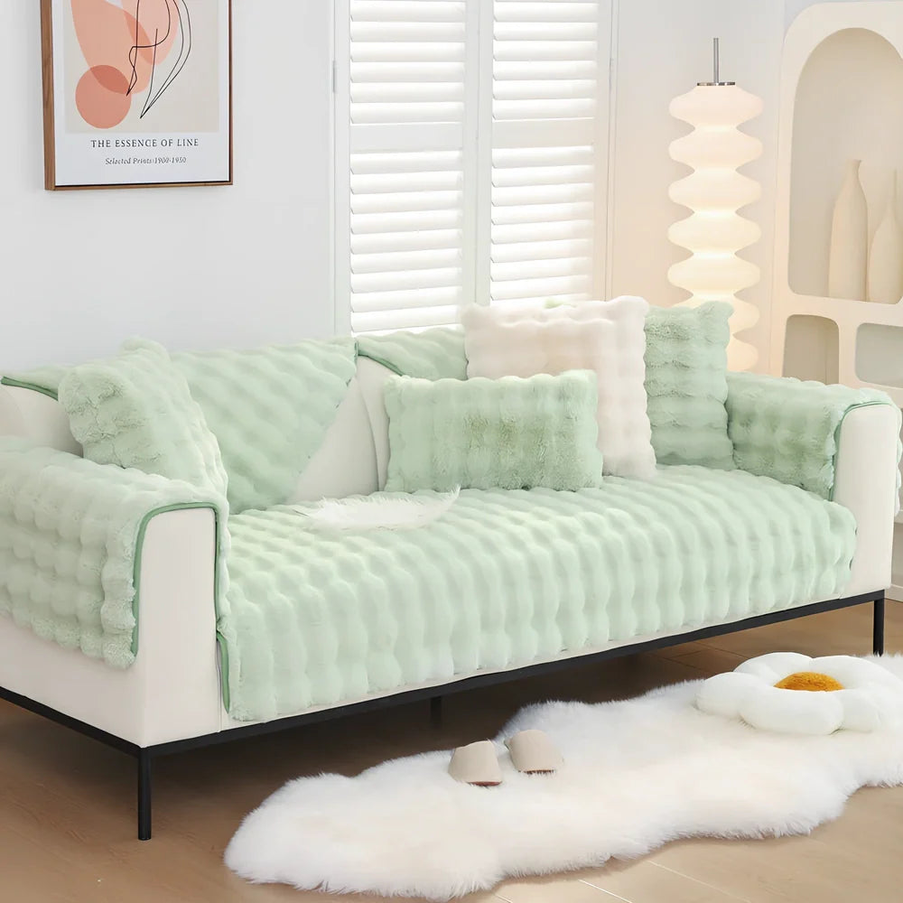 Flannelette sofa cushion with bubble plush texture in square pattern, available in multiple sizes and colours