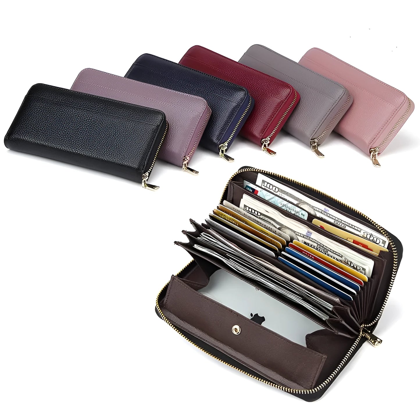 Long genuine leather women's wallet in black with anti-theft card protection and large storage capacity