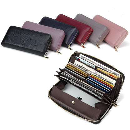 Long genuine leather women's wallet in black with anti-theft card protection and large storage capacity