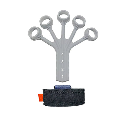 Black silicone finger tension rope trainer with adjustable belt on a grey background.