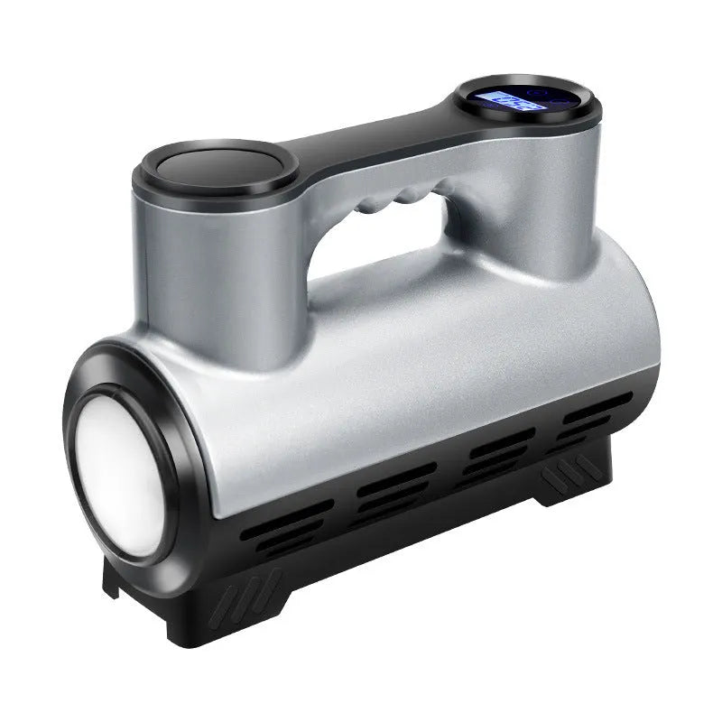 Compact black 12V portable car tyre inflator with digital display, pressure gauge, and power cable
