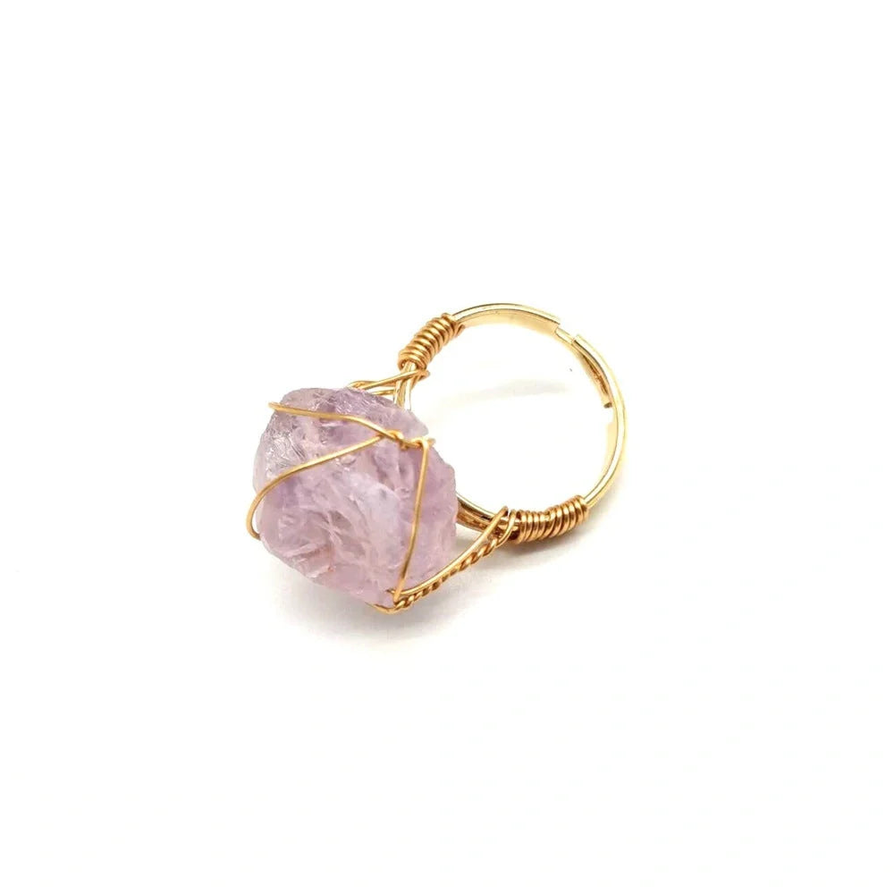 Adjustable hand-wrapped rough stone agate ring in various colours with ethnic design