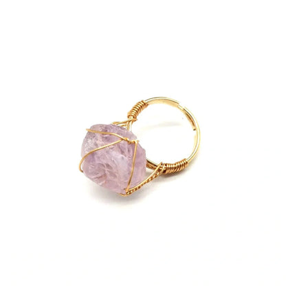 Adjustable hand-wrapped rough stone agate ring in various colours with ethnic design